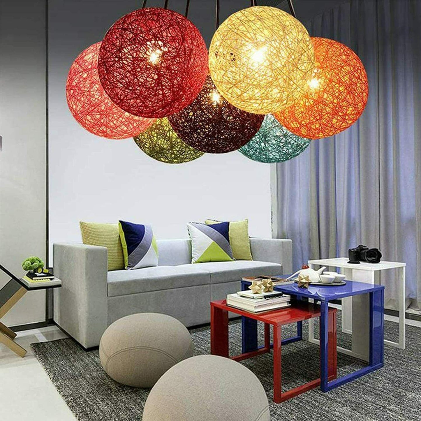 Modern Industrial Rattan Wicker Woven Ball Globe Two Outlet Pendant