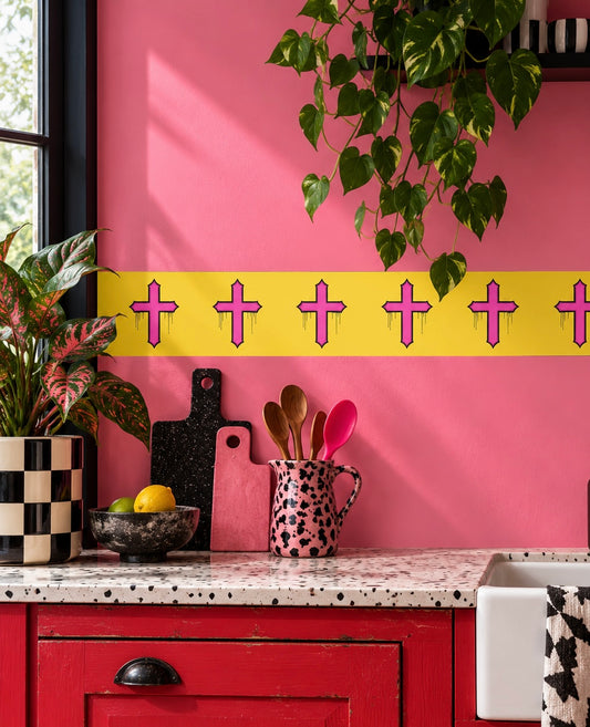 Rebel Riot - Gothica Cross - Wallpaper Border - Mellow Yellow