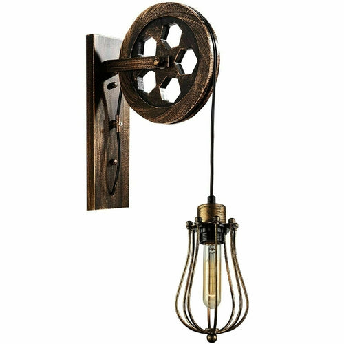 Retro Industrial Pulley Wheel Wall Light Fixture Metal Balloon Cage