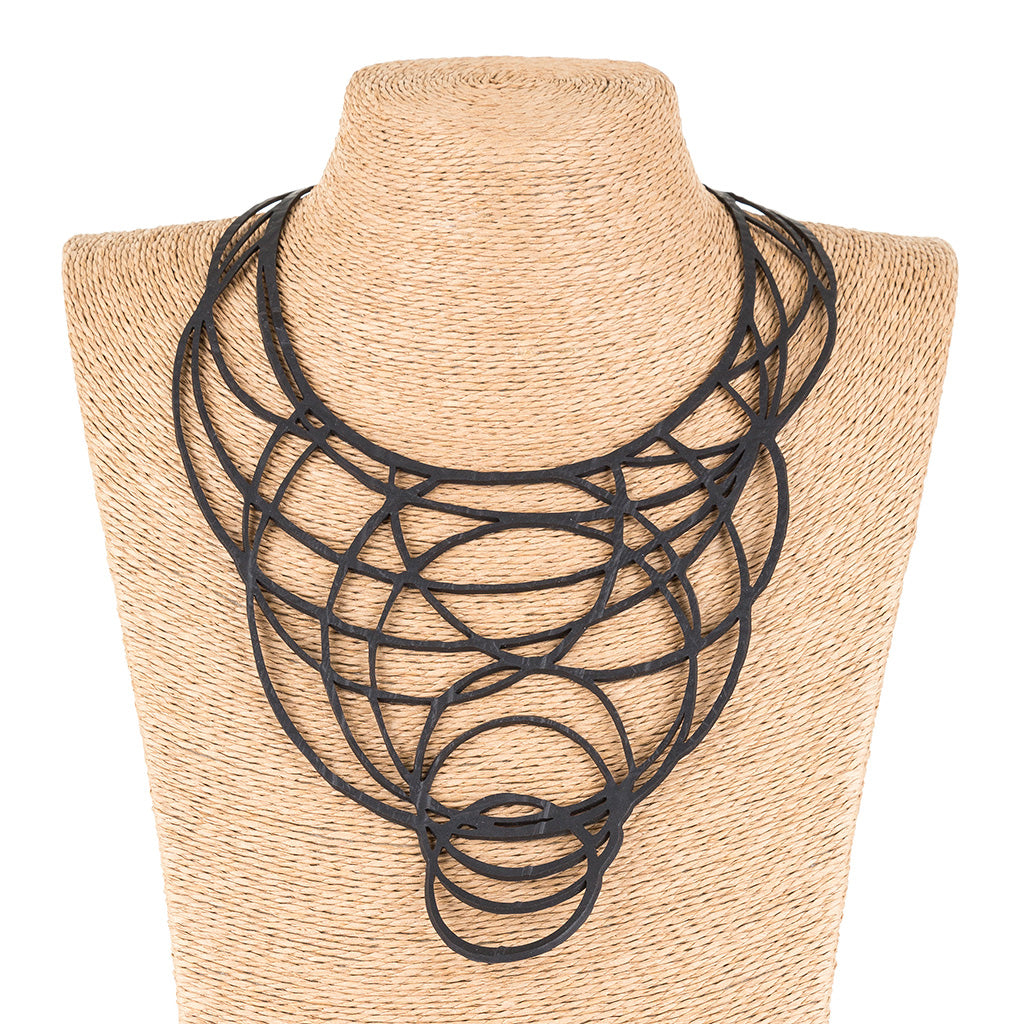 Halo black circular recycled rubber statement necklace