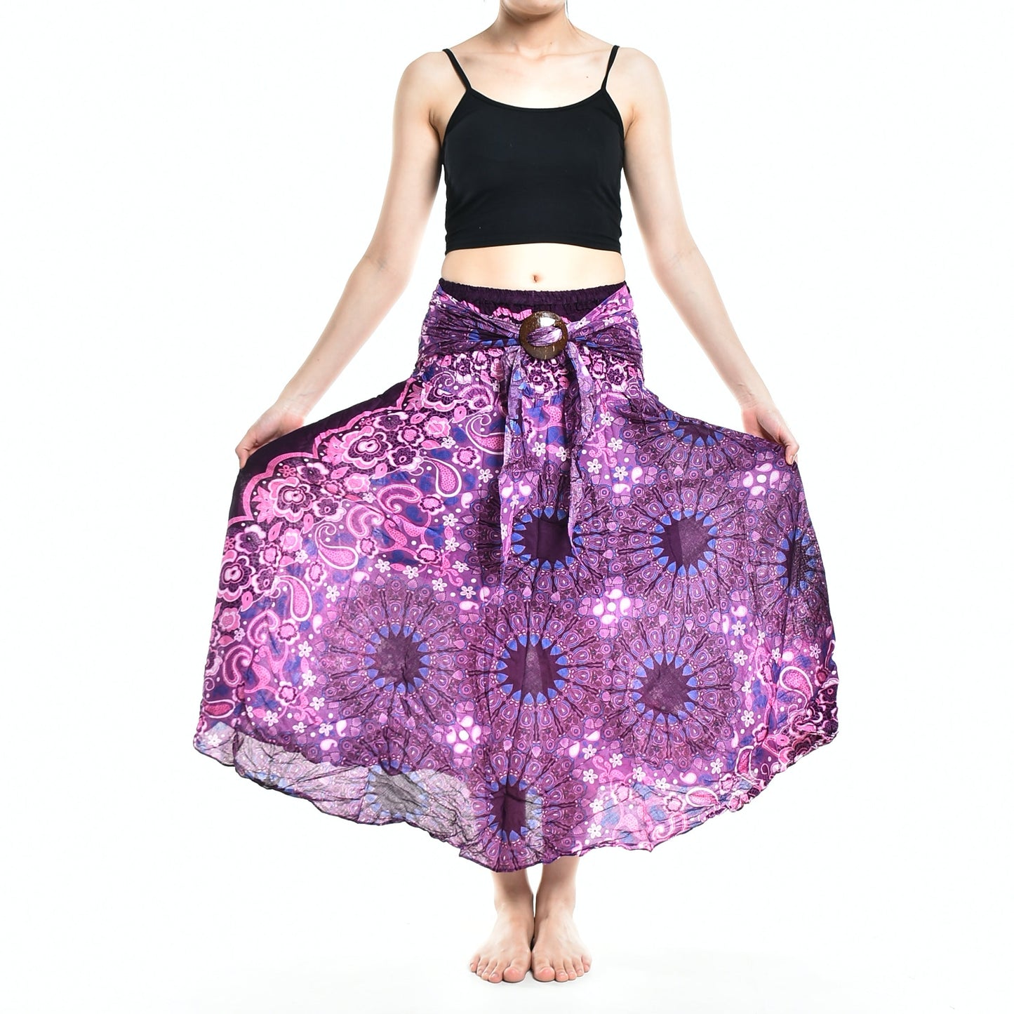 Boho Purple Ink Splash Long Skirt / Sundress With Coconut Buckle