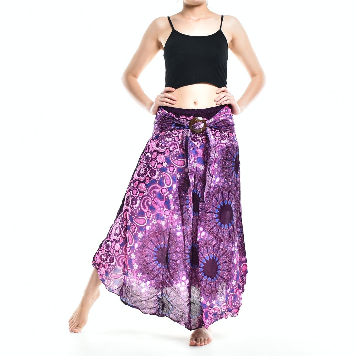 Boho Purple Ink Splash Long Skirt / Sundress With Coconut Buckle