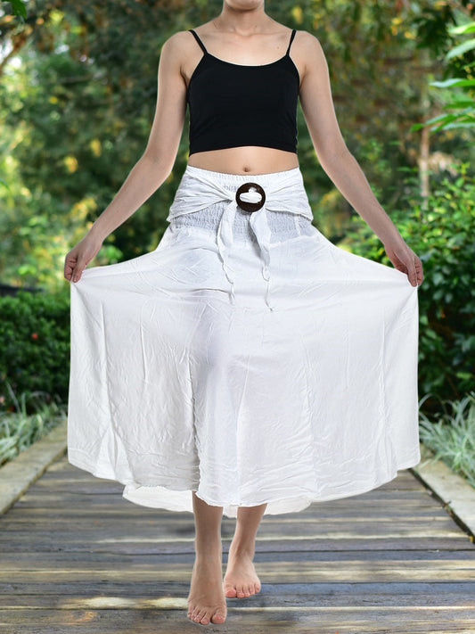 Boho Plain White Long Skirt / Sundress With Coconut Buckle