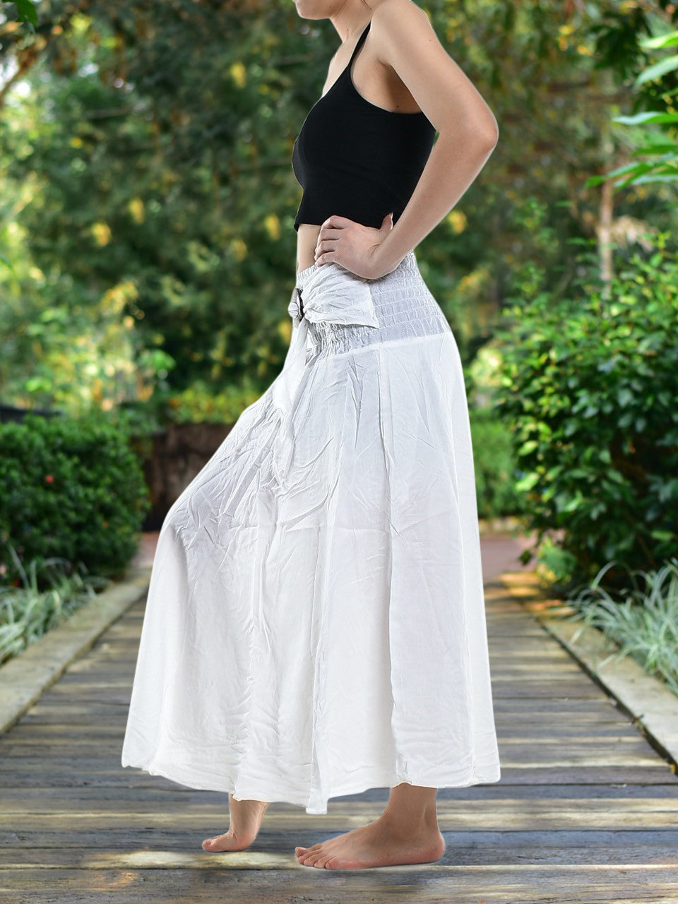 Boho Plain White Long Skirt / Sundress With Coconut Buckle