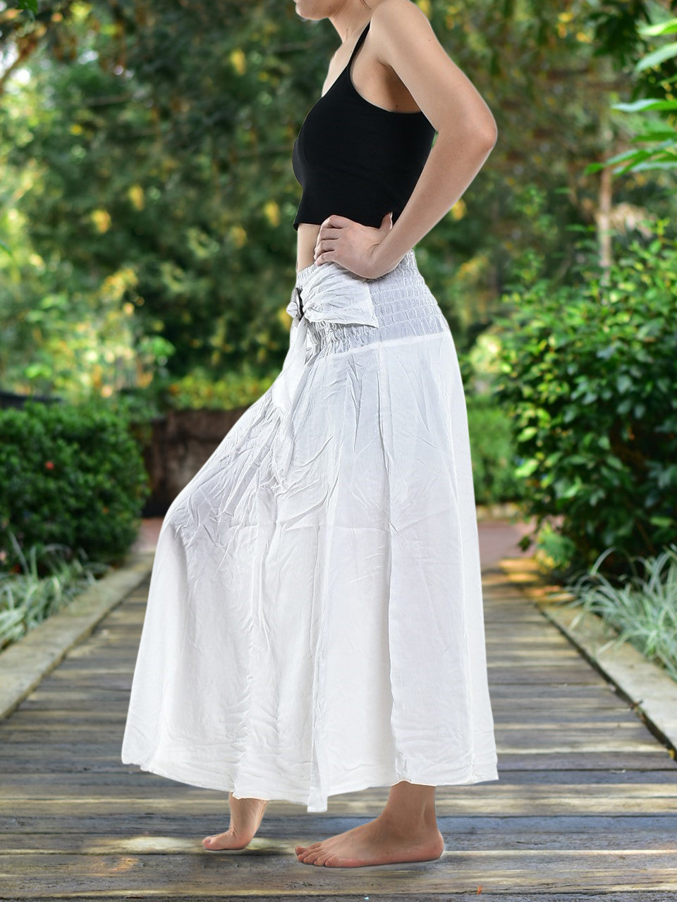 Boho Plain White Long Skirt / Sundress With Coconut Buckle