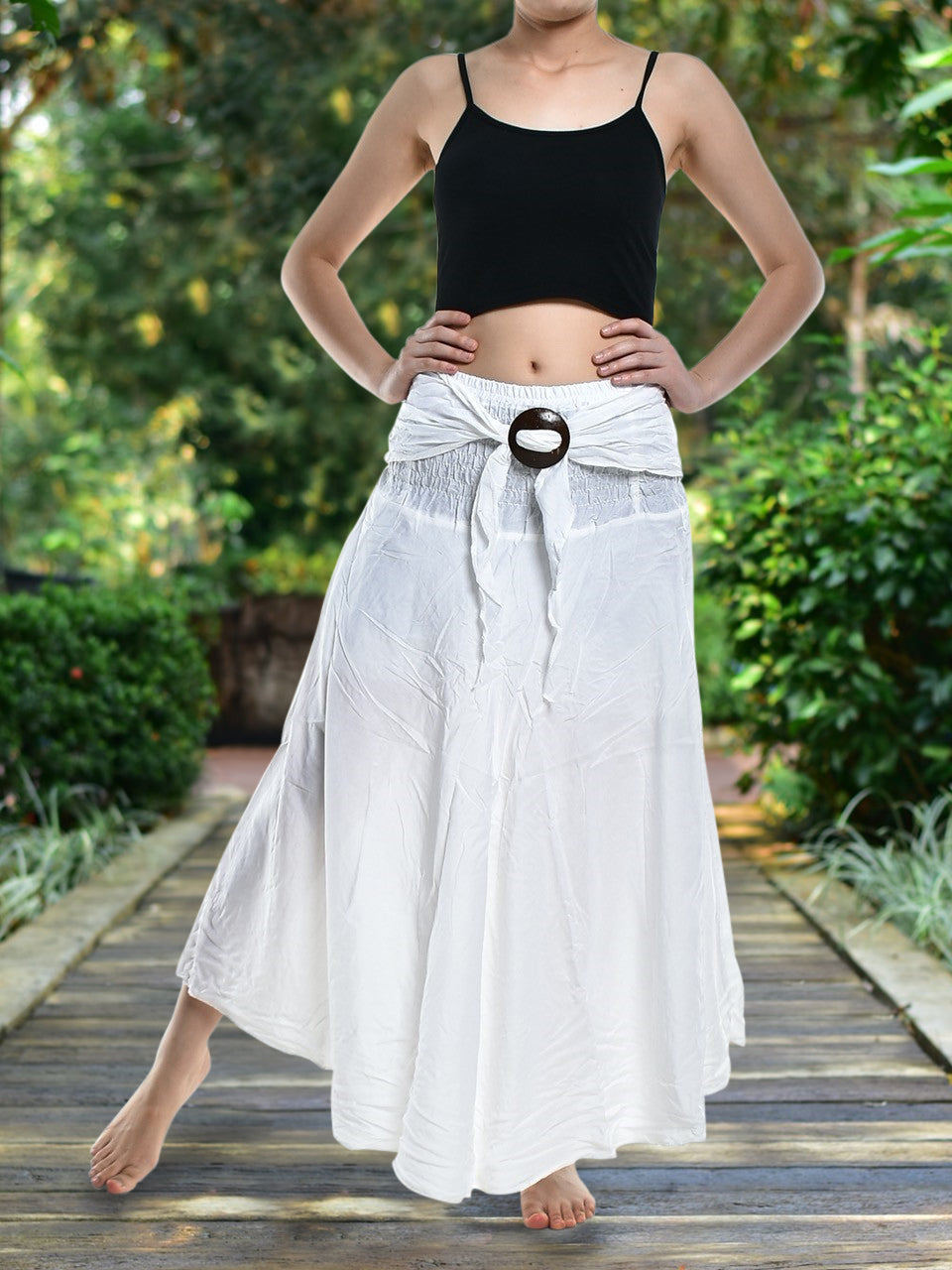 Boho Plain White Long Skirt / Sundress With Coconut Buckle