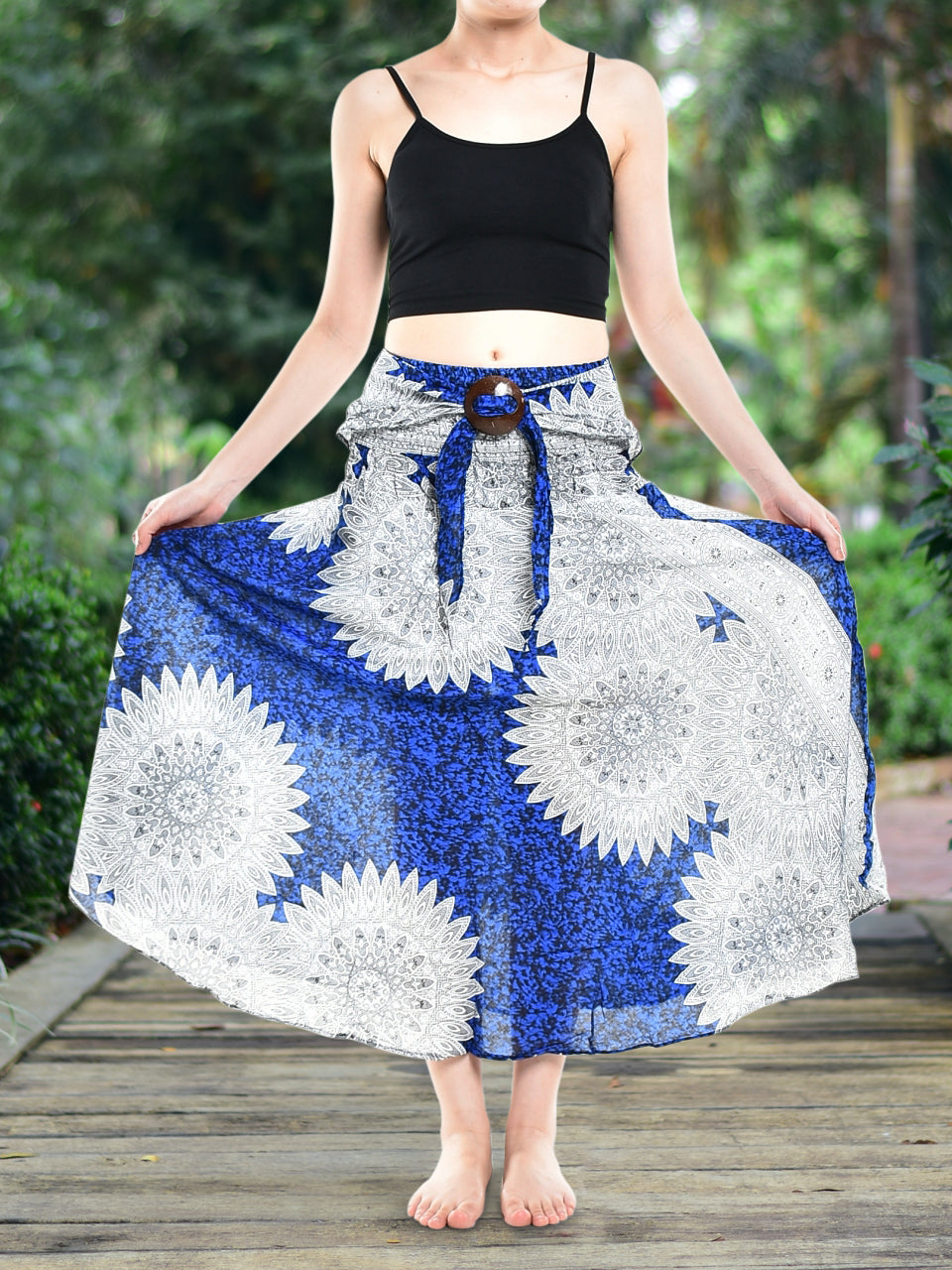 Boho Blue Snowflake Long Skirt / Sundress With Coconut Buckle