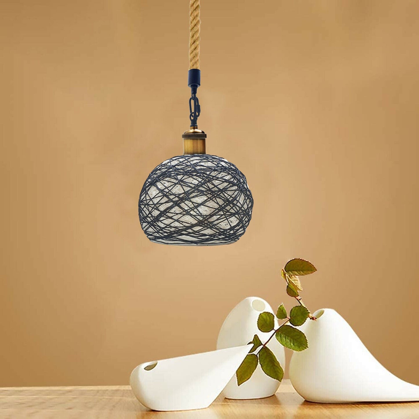 Industrial vintage Rope Rattan Woven Pendant Lamp Dome Pendant