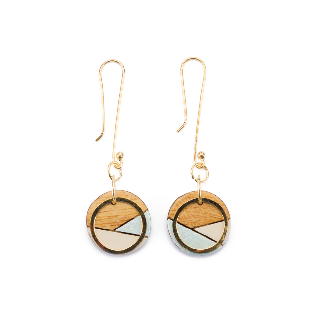 Contour recycled wood gold earrings in blue and cream