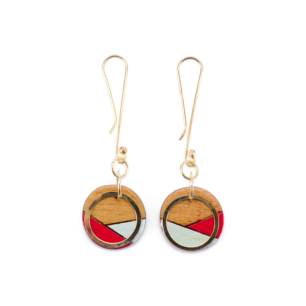 Contour recycled wood gold earrings in red and blue