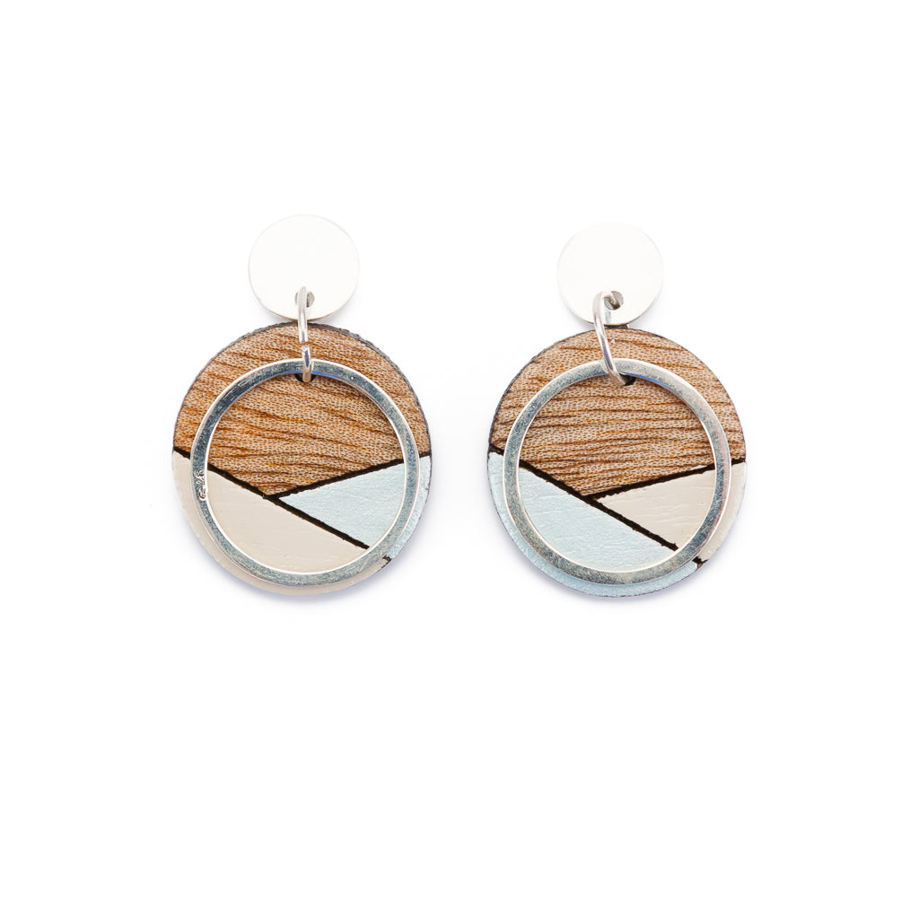 Contour recycled wood silver earrings in blue and cream