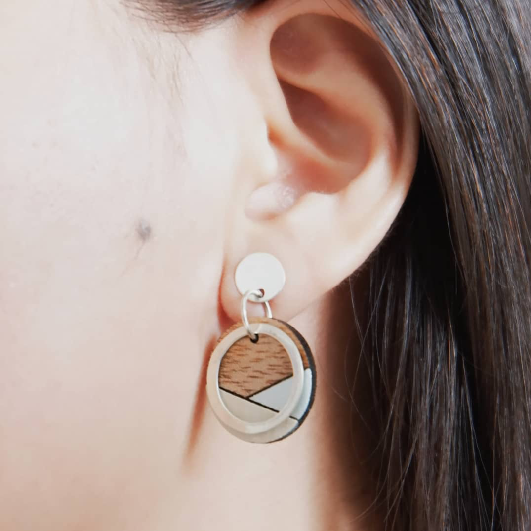 Contour recycled wood silver earrings worn
