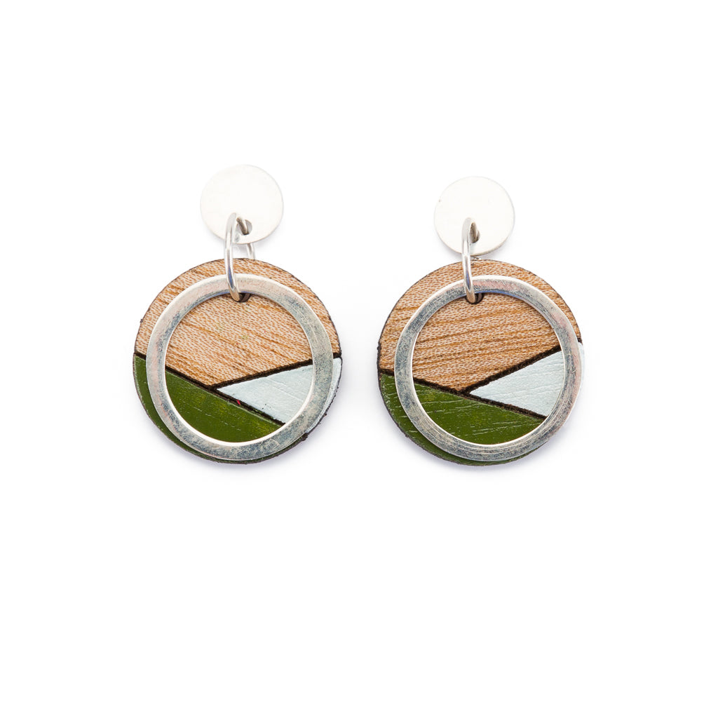 Contour recycled wood silver earrings in olive and cream