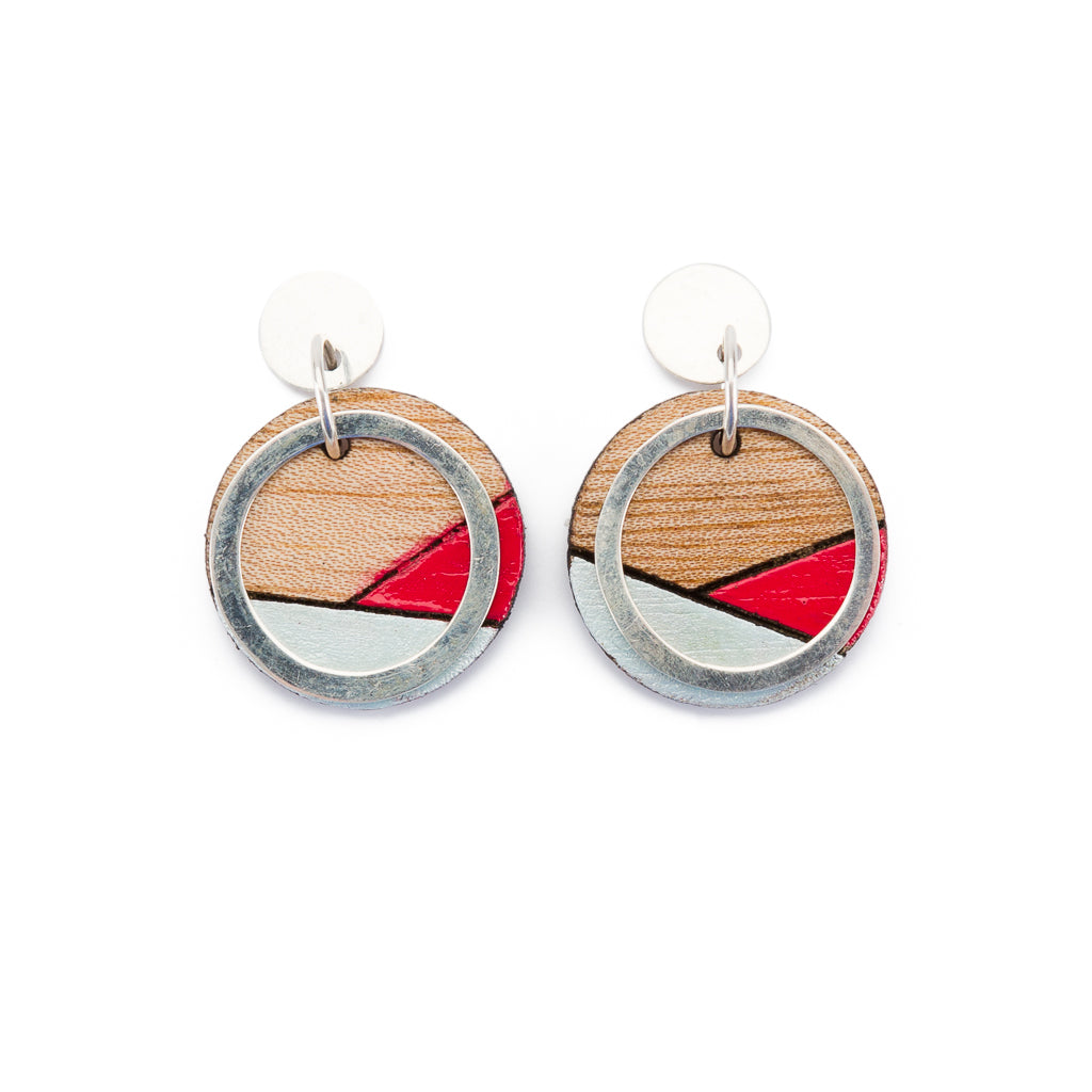 Contour recycled wood silver earrings in red and blue