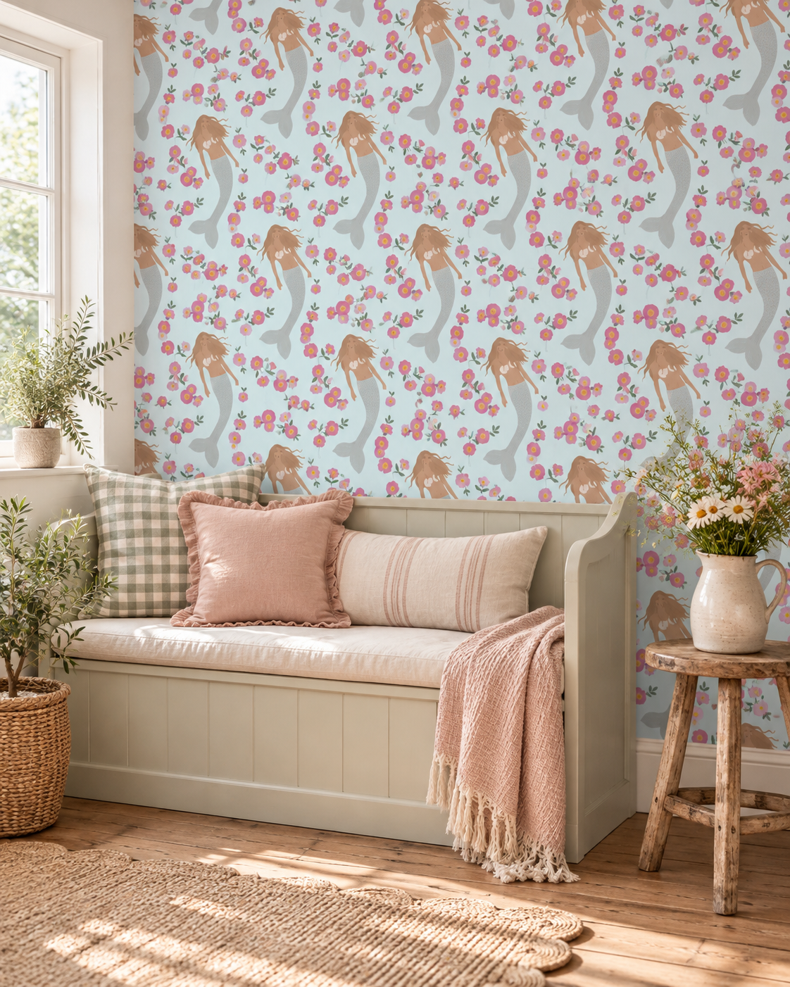 Senara Sea Cloud Statement Mermaid Wallpaper, wallpaper shown in a furnished room.