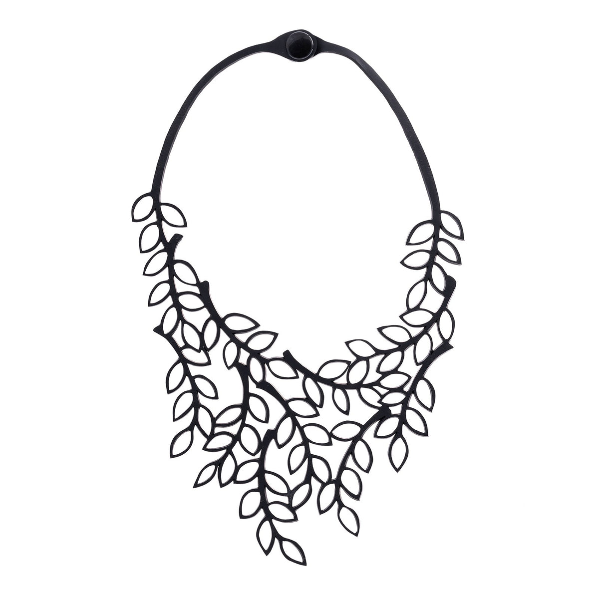 Evergreen black leaf recycled rubber statement necklace