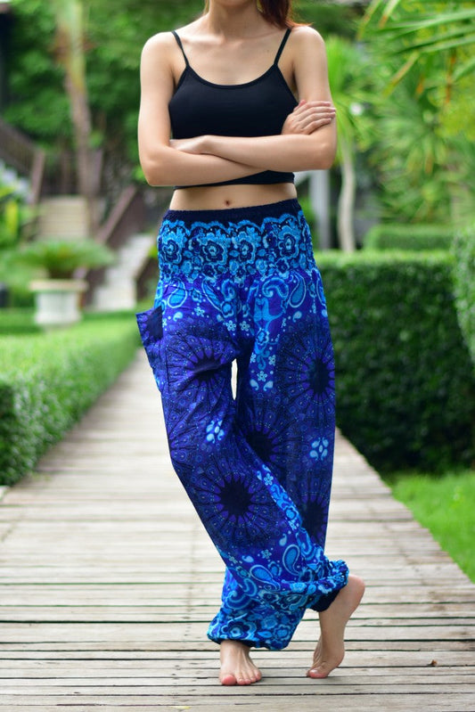 Boho Blue Ink Splash Print Elasticated Smocked Waist Womens Harem Pants