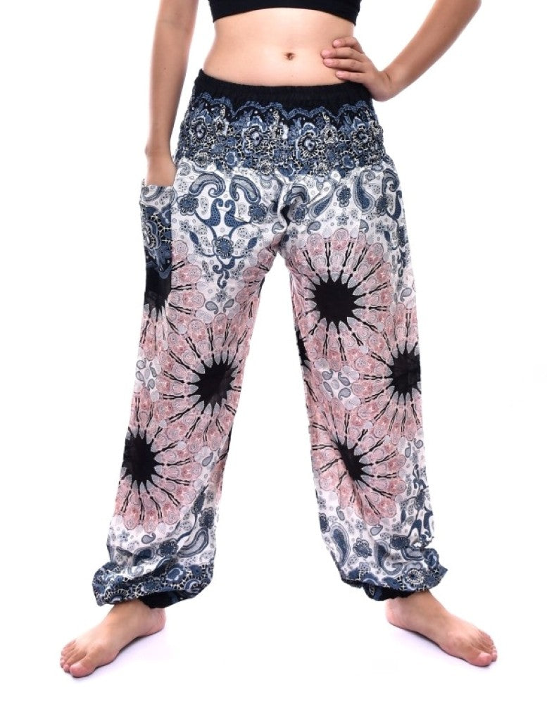 Boho White Ink Splash Print Elasticated Smocked Waist Womens Harem Pants