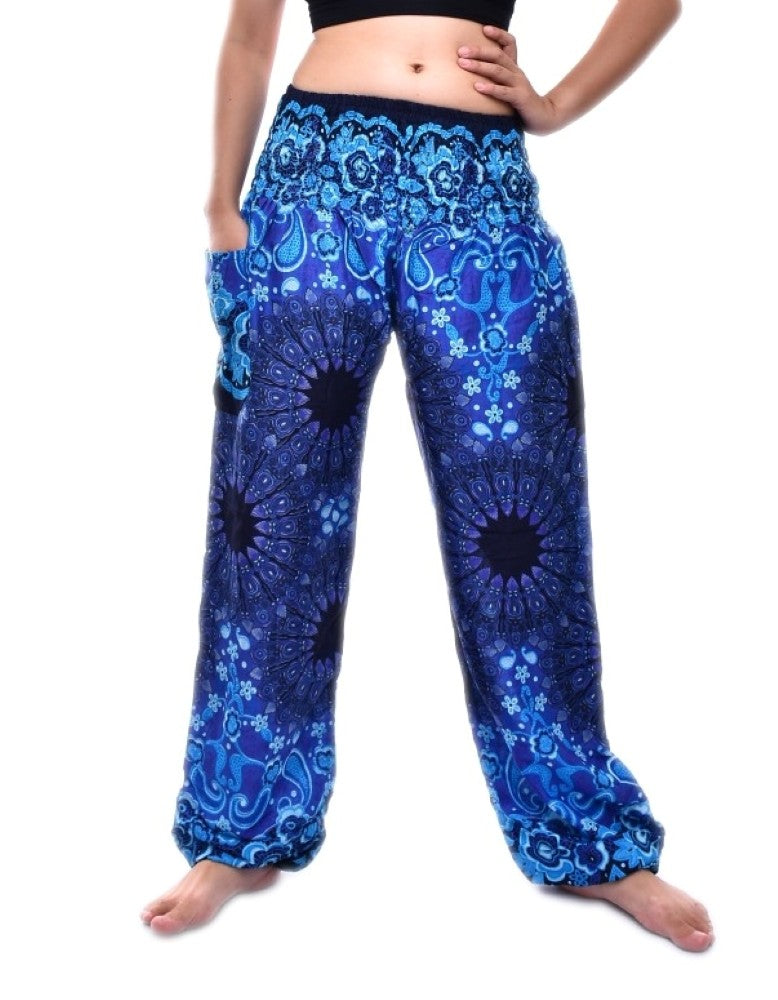 Boho Blue Ink Splash Print Elasticated Smocked Waist Womens Harem Pants