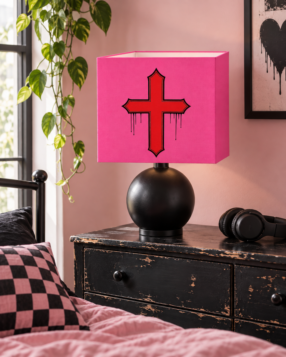 Rebel Riot - Gothica Cross Square Lampshade - Carnation