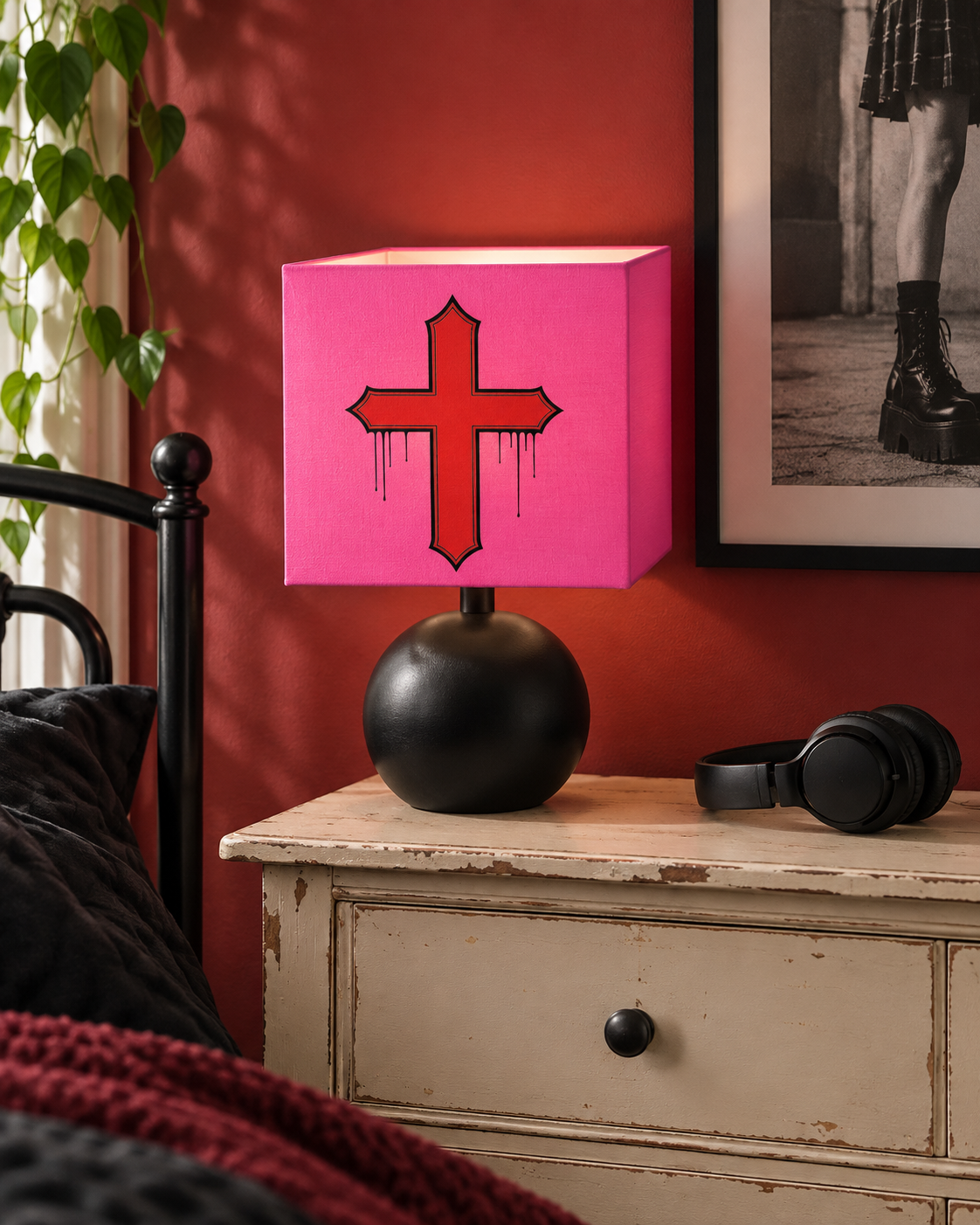 Rebel Riot - Gothica Cross Square Lampshade - Carnation