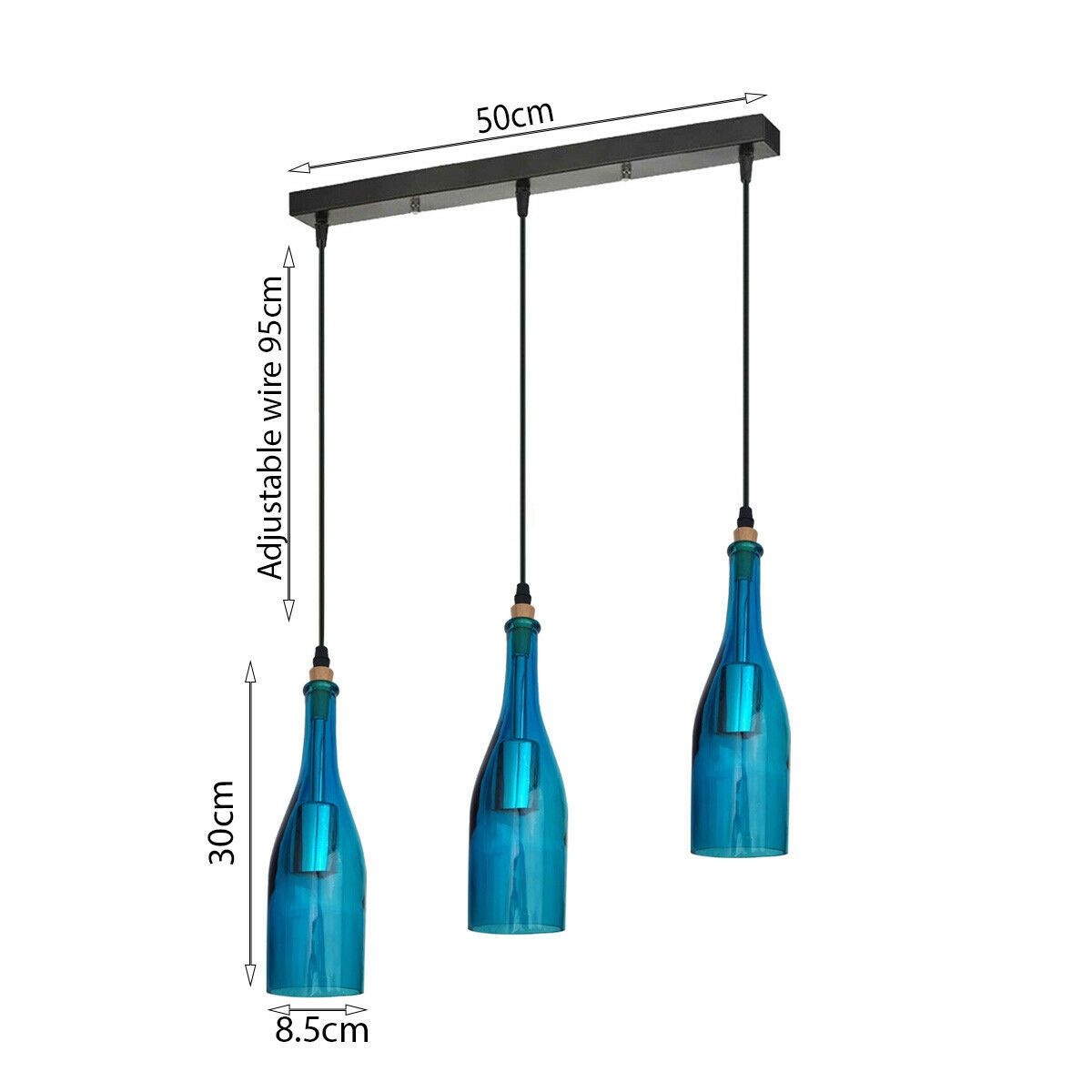 Industrial Ceiling Pendant Light 3 Head Blue Glass Lampshade