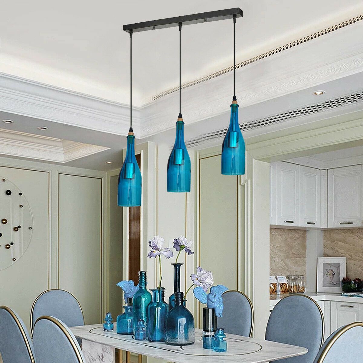 Industrial Ceiling Pendant Light 3 Head Blue Glass Lampshade