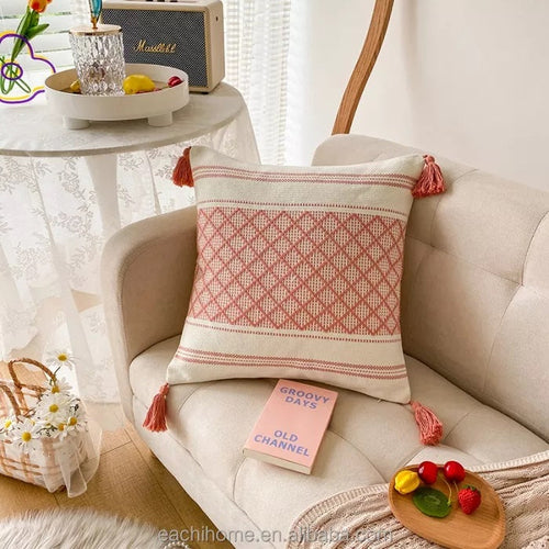 Custom Woven Moroccan Boho Tassel Style Tufted Square Cushion Covers