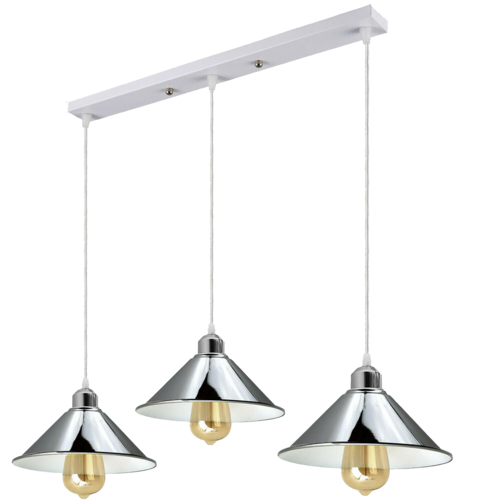 Modern Industrial Chrome 3 Way Ceiling Pendant Light Metal Cone Shape