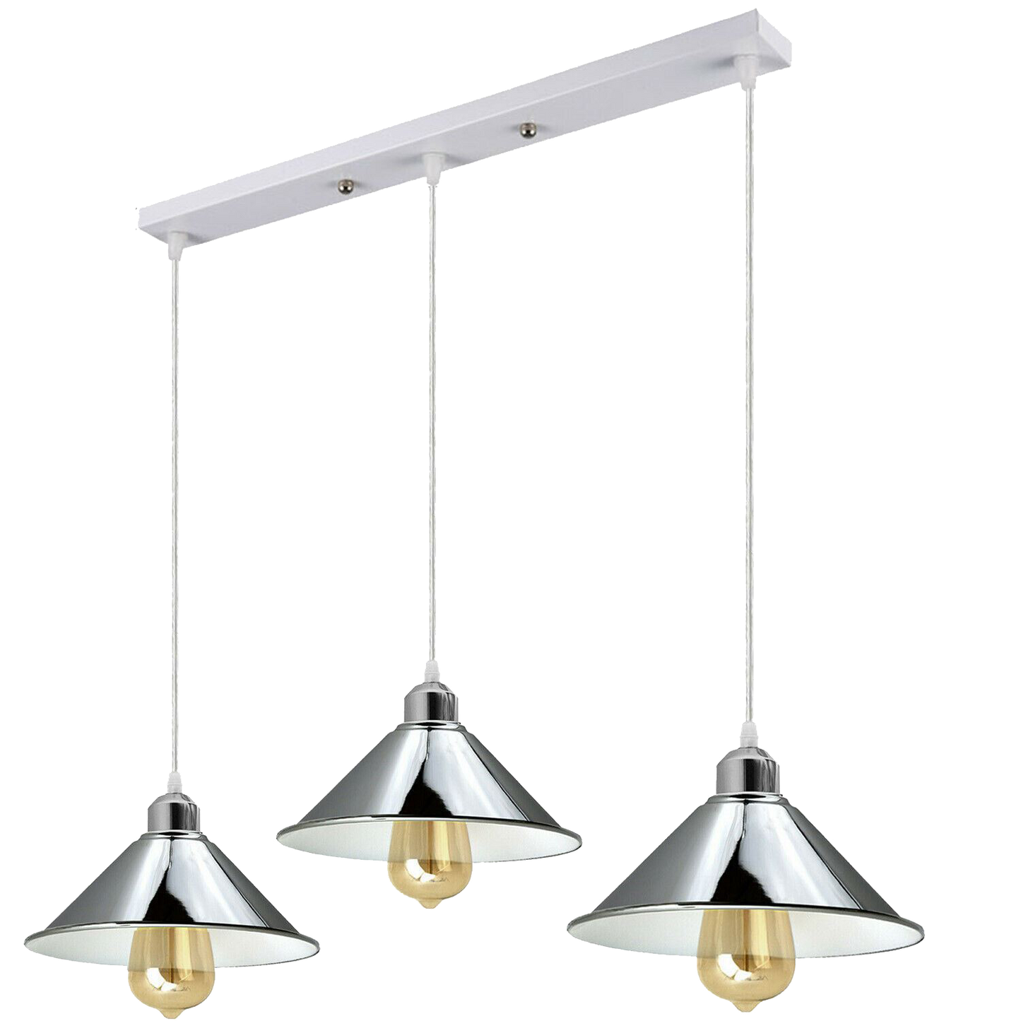 Modern Industrial Chrome 3 Way Ceiling Pendant Light Metal Cone Shape