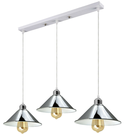 Modern Industrial Chrome 3 Way Ceiling Pendant Light Metal Cone Shape