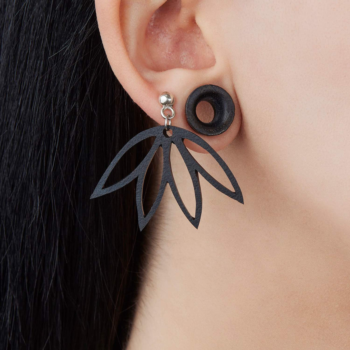 Lotus recycled rubber floral earrings alternative view