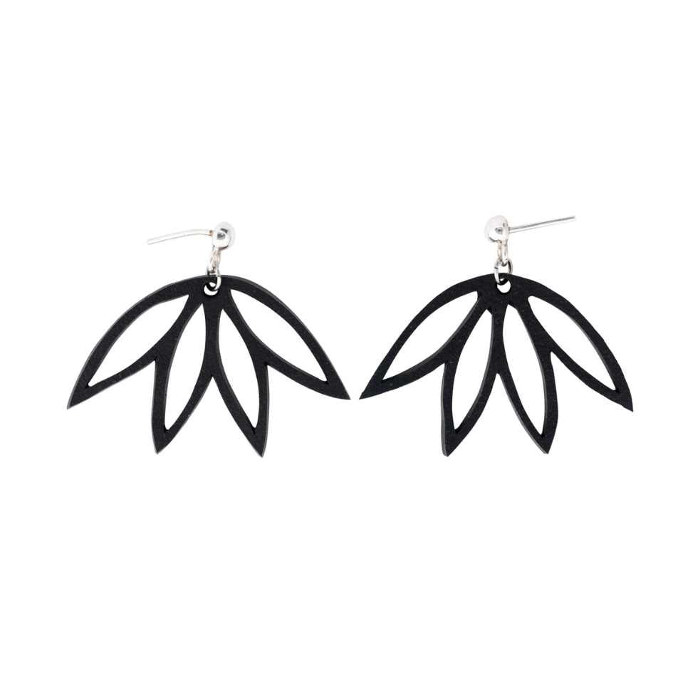 Lotus black recycled rubber flower earrings
