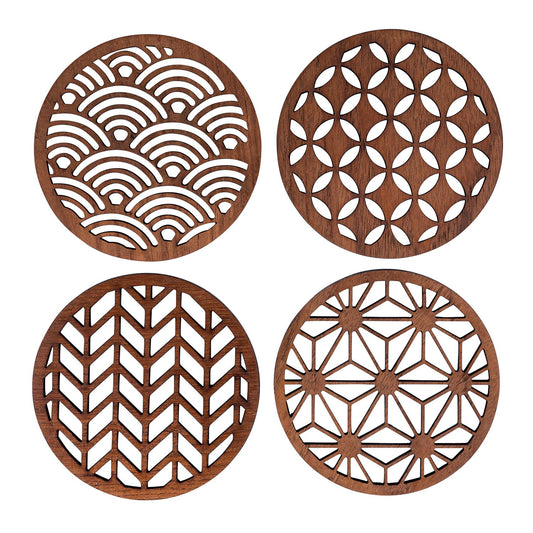 Japanese Patterns Upcycled Teak Wood Coasters - Individual / Set of 4