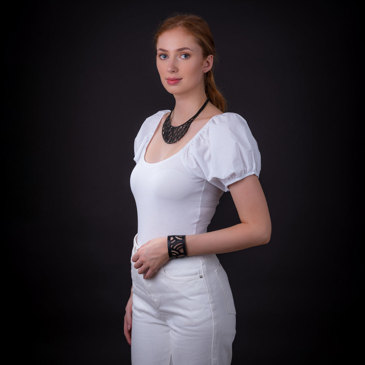 Seraphine black recycled rubber necklace on model