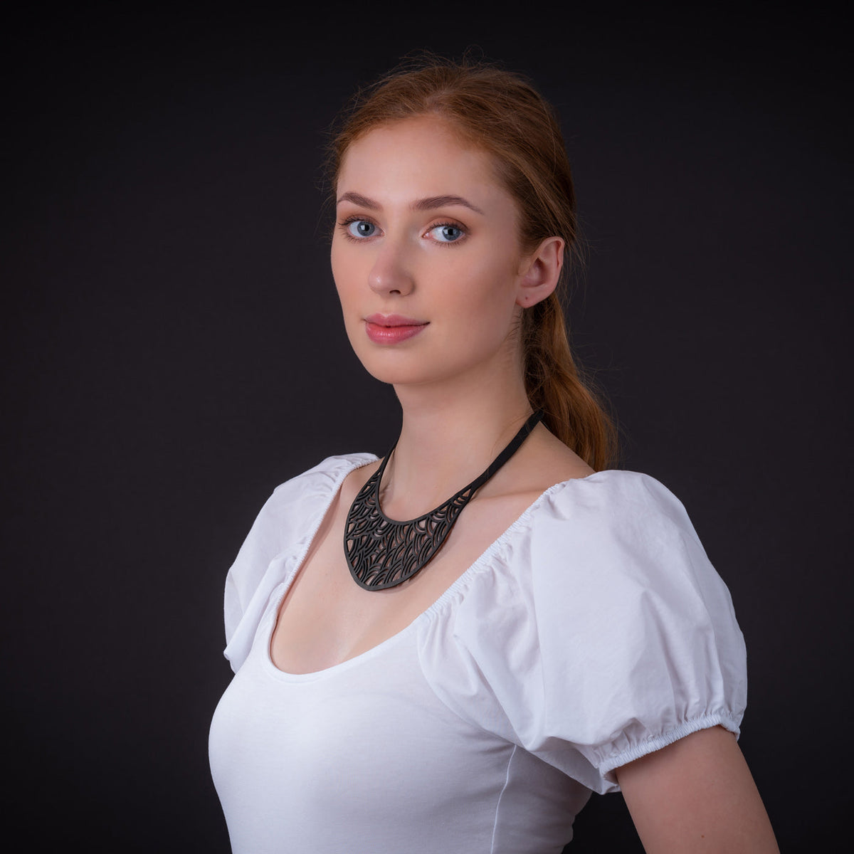 Seraphine recycled rubber statement necklace worn