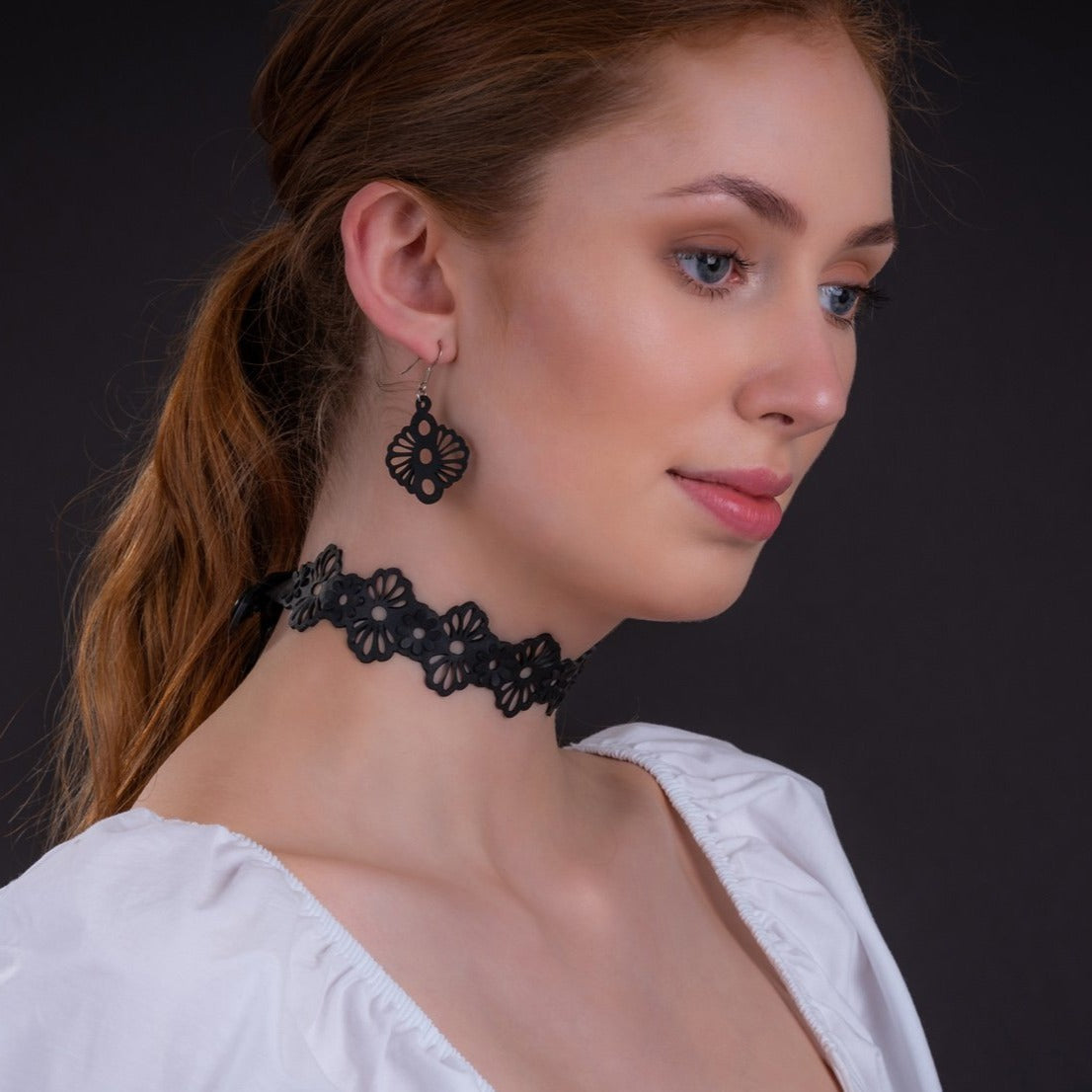 Blossom recycled rubber floral choker worn on model