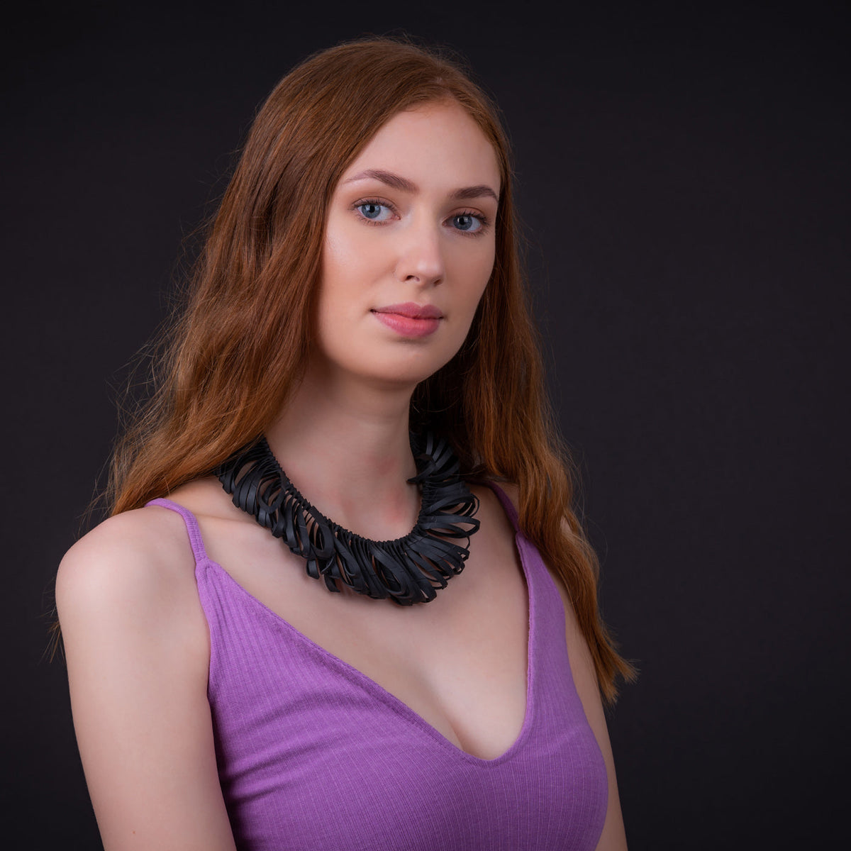Fay recycled rubber statement necklace worn on model