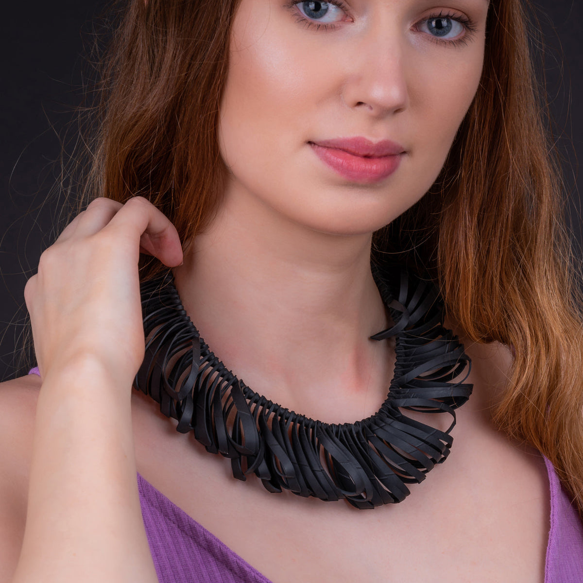 Fay recycled rubber layered necklace worn on model
