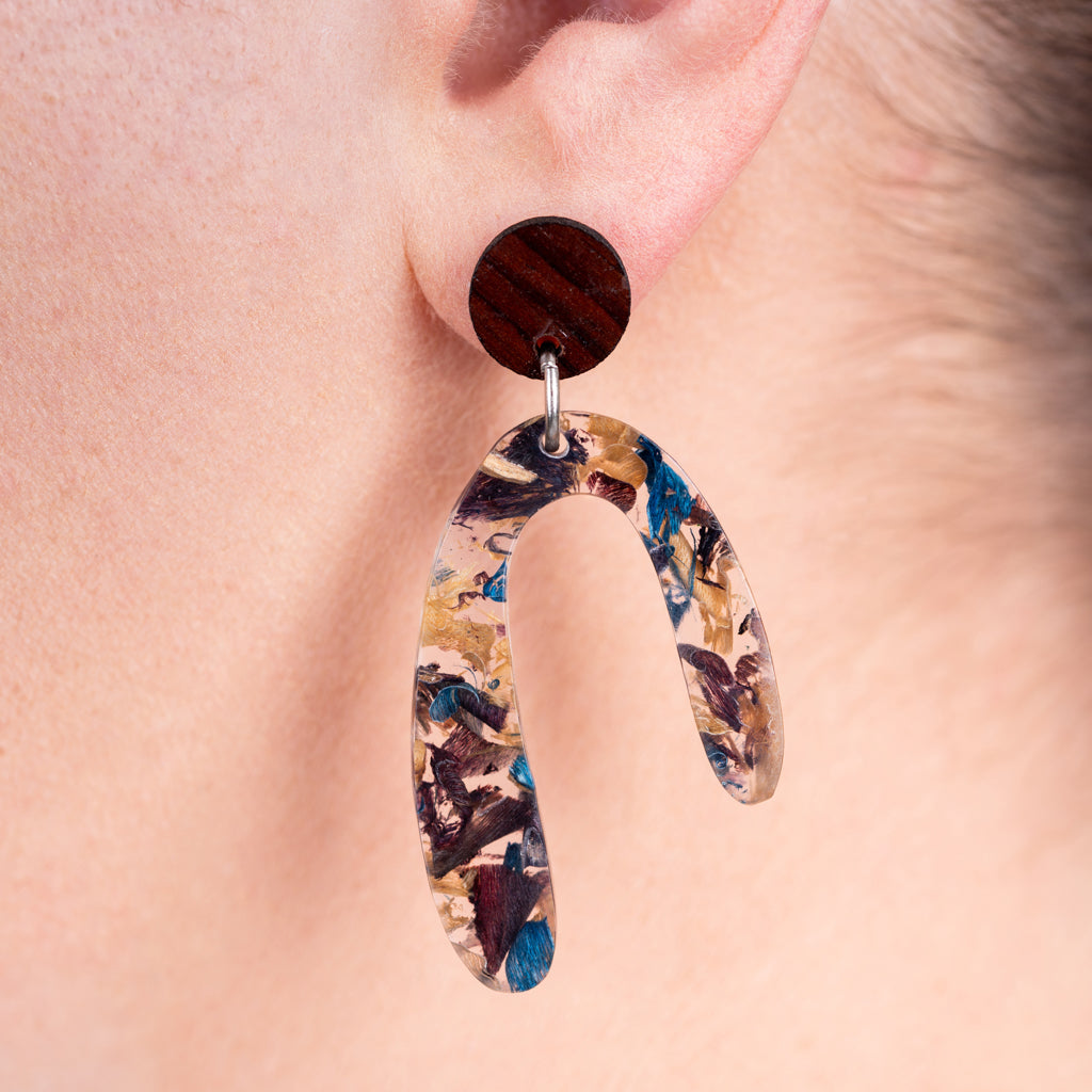Aspen statement earrings made with recycled skateboard wood