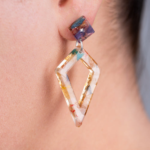 Prism reclaimed skateboard and resin earrings detail