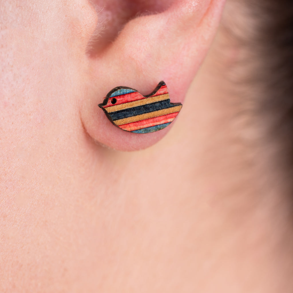 Robin recycled skateboard bird stud earrings