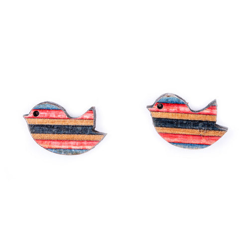 Robin recycled skateboard bird earrings detail