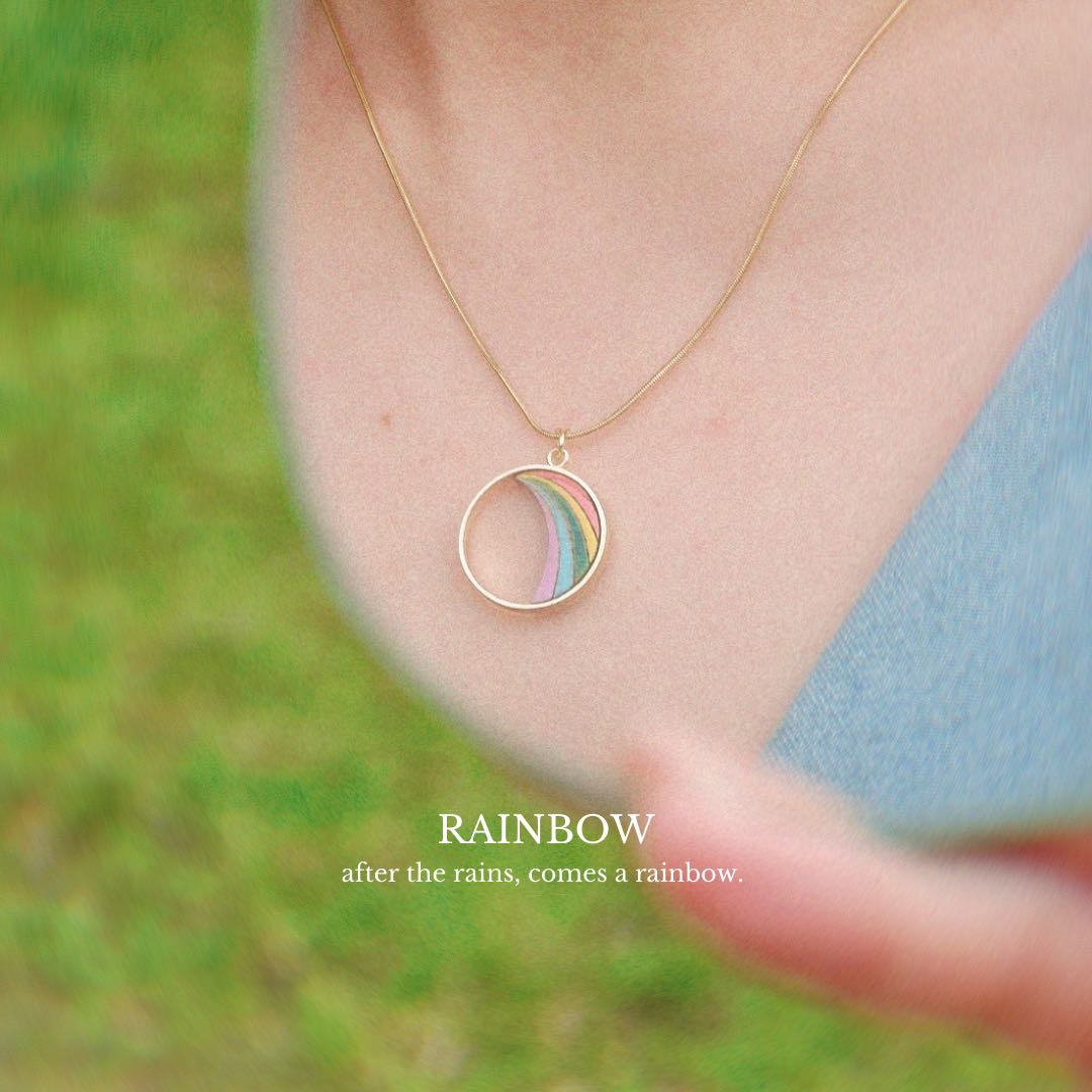 Rainbow recycled wood necklace worn