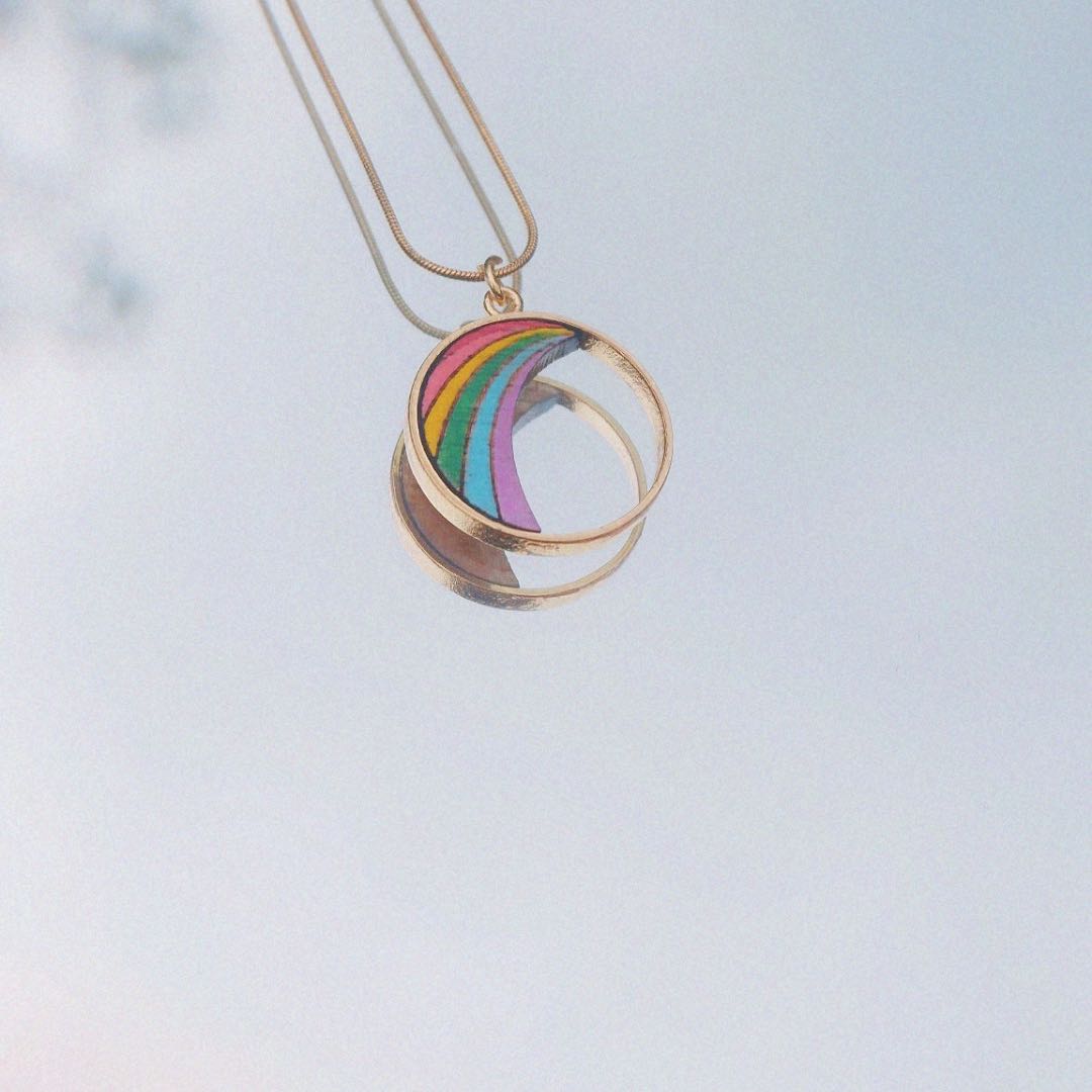 Rainbow recycled wood pendant necklace detail