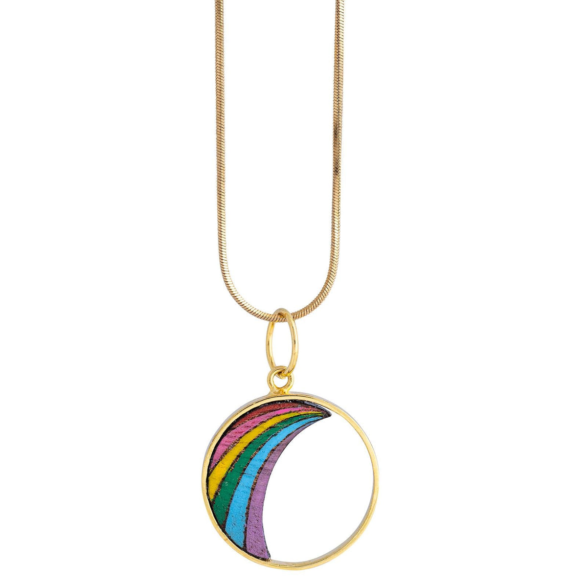 Rainbow recycled wood pendant necklace with gold chain