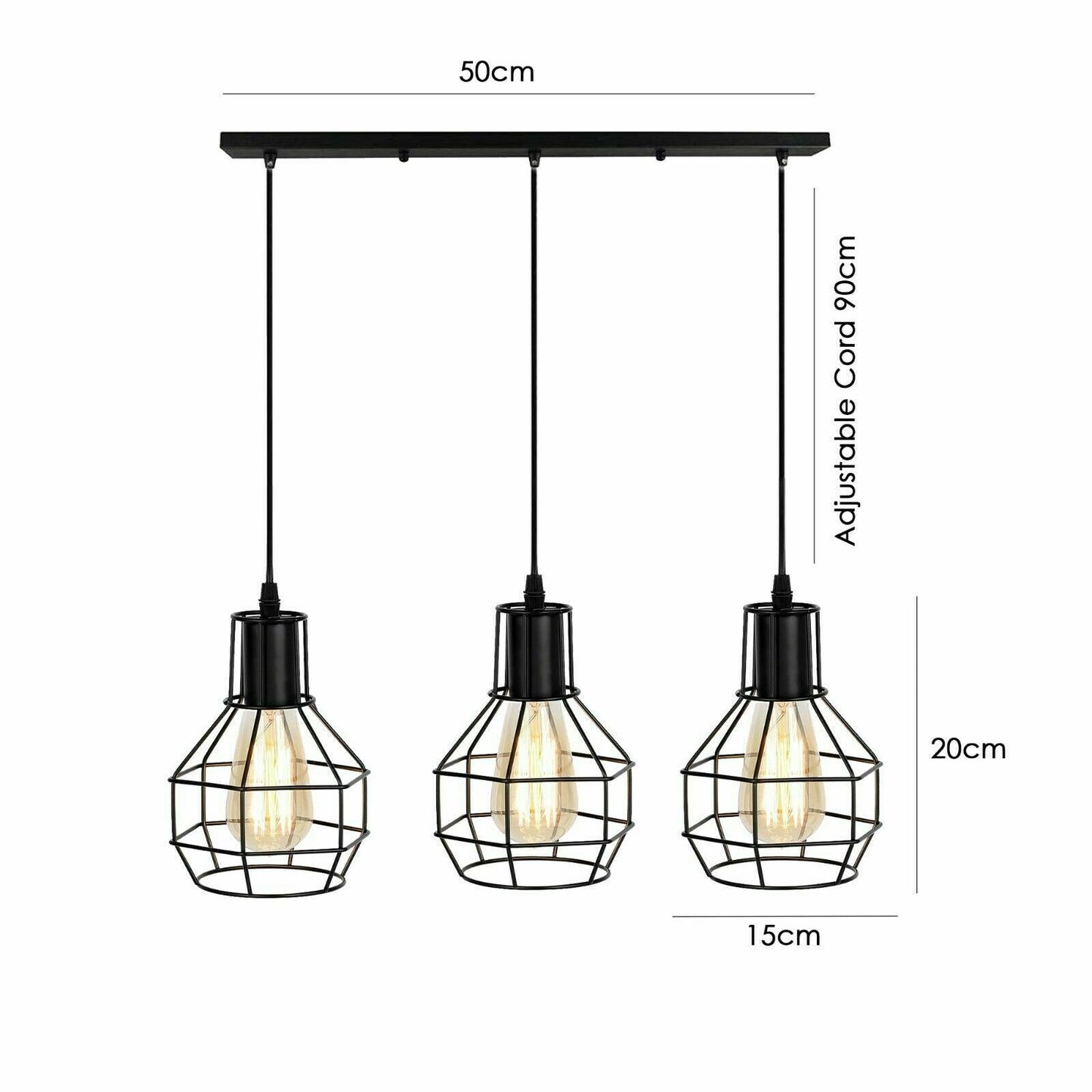 Retro Loft 3 Head Ceiling Light Shade Pendant Lamp With Bulbs