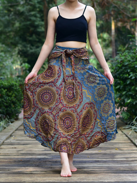 Boho Grey Solar Circle Long Skirt/ Sundress With Coconut Buckle