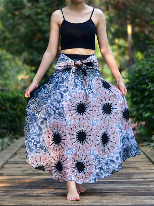 Boho White Pink Ink Splash Long Skirt / Sundress With Coconut Buckle