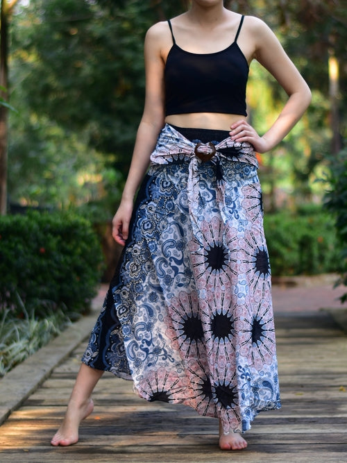 Boho White Pink Ink Splash Long Skirt / Sundress With Coconut Buckle